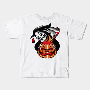 Traditional Reaper with Pumpking Tattoo Piece Kids T-Shirt